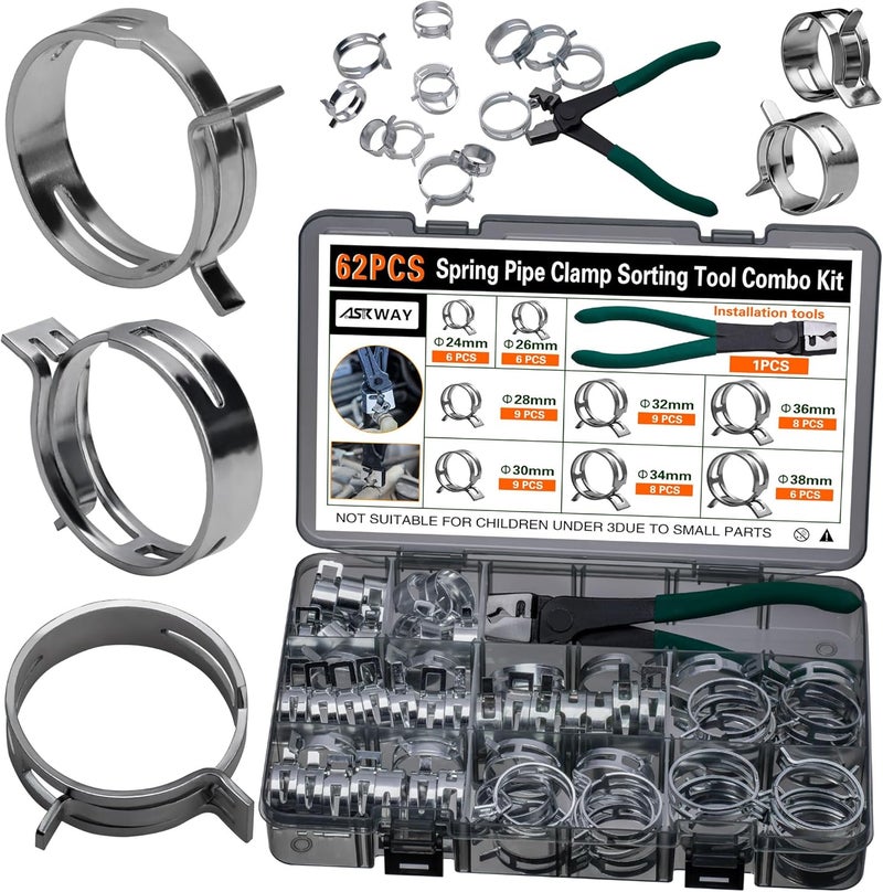 AskWay Automotive spring hose clamps 24-38 mm, 62 pcs fuel coolant pipe clamp tools in 8 sizes, used to fix hose interfaces in automotive, marine, gardening, and industrial applications - Image 1